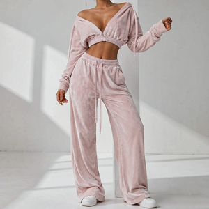 Custom Logo Women Velvet Two Piece Suits Zip Hoodie Wide Leg Pant <b>Velour</b> Casual Sport Loungewear <b>Tracksuit</b> Streetwear - Product Image 3