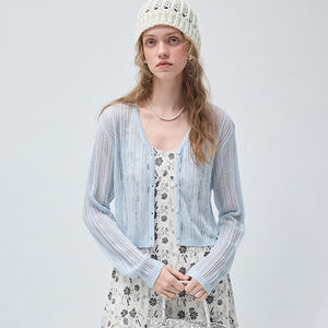 VEGA CHANG Haut en tricot respirant de qualité supérieure, blanc, à découpes, col en V, court, à manches longues, pour <span class=keywords><strong>tenue</strong></span> décontractée et superposée - Product Image 1