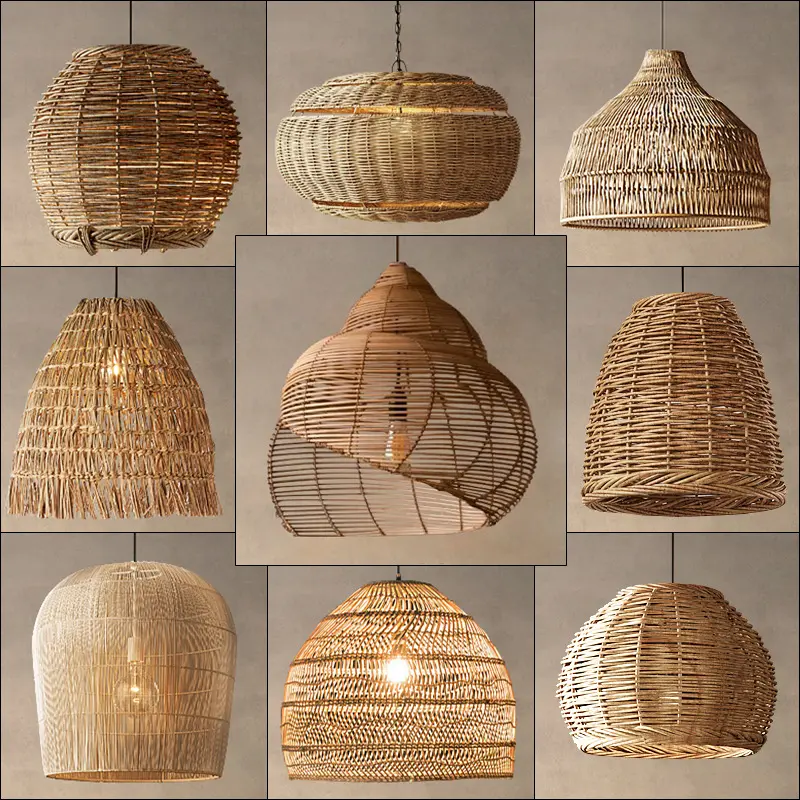 Japanese Styles Living Room Hanging Lampshade Rattan Pendant Light Covers Handwoven Rattan Lamps Shade