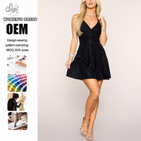 Robe mini élégante et sexy pour femme, personnalisée en usine, style décontracté, pour soirée, avec col halter, taille ornée de paillettes et silhouette fluide à volants