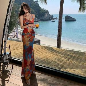 Thailand Beach Dress V Neck Backless Tie Up Tight Waist Splicing Cover Up Vacation Island Outfit Breathable Swimwear - Product Image 1