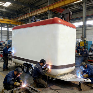 <b>Red</b> and White Retro Square Box Mobile Food Cart with Dual Wheels for Factory and Event Food Vending - Product Image 5
