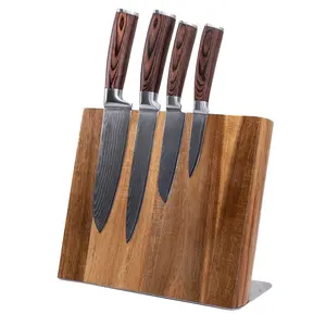 Juego de cuchillos de cocina de chef de acero inoxidable con alto contenido de carbono, cuchillos de cocina con bloque de madera