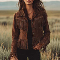 Veste en daim personnalisable pour femme, marron, franges rétro, cuir PU, marque privée, sur commande