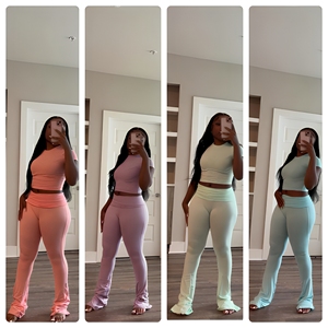 Ensemble deux pièces décontracté pour femmes grandes tailles, tenue d'été en coton, pantalon évasé pliable pour le yoga et l'entraînement, collection printemps - Product Image 1
