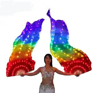 New Belly Dance LED Silk Fan Veil Colorful Stage Props Performance Accessories Light up LED Rainbow Silk Fan Veils