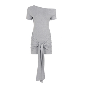 Vestido Mini Casual Cómodo de Punto con Hombros Descubiertos, Manga Corta, Color Liso, Cintura Natural, Transpirable, Ajuste Regular, de Una Pieza, Holgado - Product Image 6
