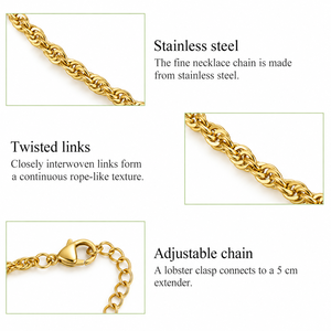 Collier chaîne torsadée fine en acier inoxydable plaqué or 14 carats sous vide, réglable 40+5 cm, sans pendentif - Product Image 4