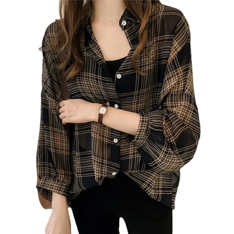 Camisa xadrez manga longa com botão, camisa feminina folgada e casual