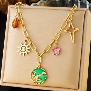 Collana delicata O a catena graziose stelle del sole idromassaggio collane a disco rotonde personalità creativa che gocciola gioielli verde olio - Product Image 2