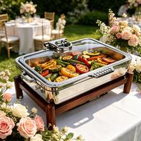 Réchaud de buffet professionnel FLEY en acier inoxydable à double grille avec couvercle en verre hydraulique et base en chêne pour restaurant