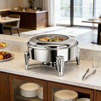 Chauffe-Plat Rond Hydraulique en Acier Inoxydable Blanc 6L à Chauffage Alcool pour Buffets Hôtels et Restaurants