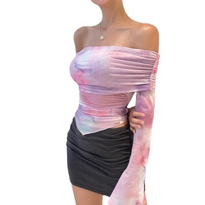 Z-5983 <span class=keywords><strong>Maglietta</strong></span> Donna in Rete Fantasia Tie-Dye con Stampa Floreale, Scollo a Barca, Maniche Lunghe, Stile Ins Fashion con Laccetti - Product Image 5