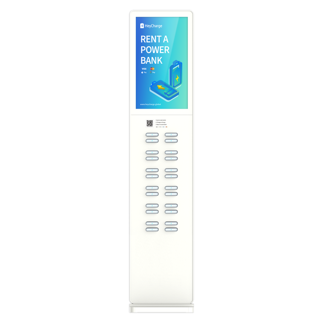 LCD Advertising Kiosk Screen 24-Slot Power Bank Rental Station for Shopping Mall Use Animation Graphics Display Cloud-Based CMS