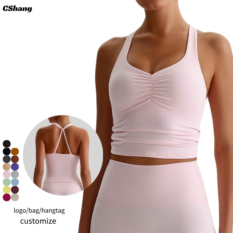 Front Scrunch Busty Push Workout Top Sweat-Wicking Quick-Dry Breathable Spandex/Nylon Tank Backless Gym Halter Vest Deep V Yoga