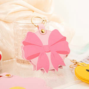 Peach Shaped PU Leather Compact Mirror Keychain Double Sided Folding Travel Mirror <b>Pocket</b> Purse Charm for Gift Promotional Use - Product Image 2