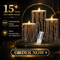 Bougies LED à piles Alibaba Chine en gros, effet flamme vacillante, avec mèche mobile, en cire véritable, forme pilier, aspect écorce de pin, avec télécommande et minuterie