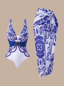 Baju Renang Mewah Satu Potong Berwarna Emas dengan Ikat Pinggang, Tank Bra Pinggang Tinggi Set 2 Potong Wanita dengan Rok Bermotif Serasi Anti-Bakteri Cepat Kering - Product Image 6