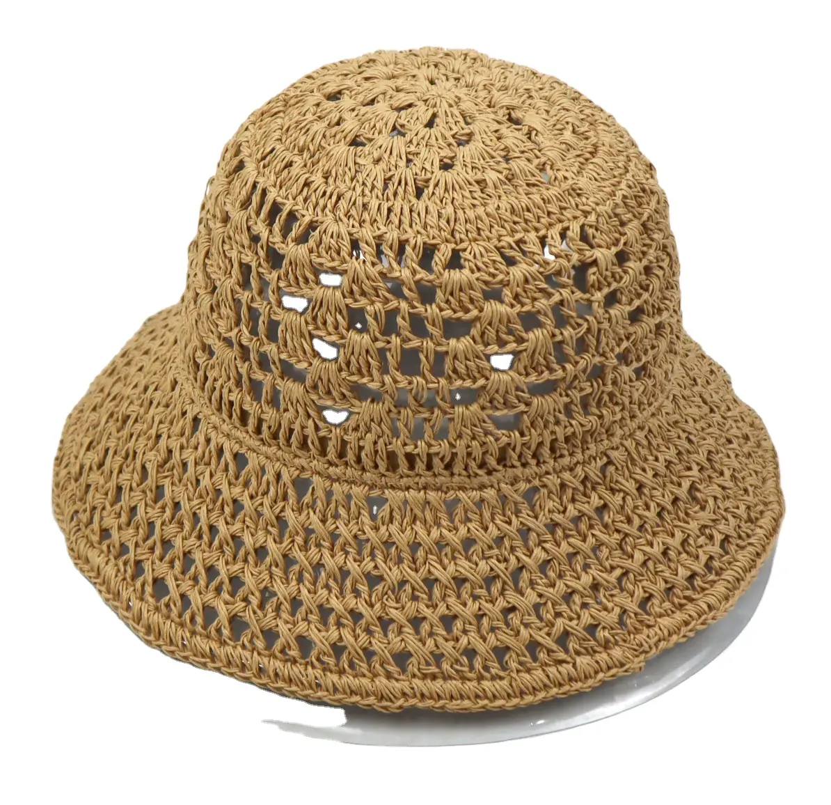 Vente en gros, chapeau de plage à large bord, chapeaux au Crochet, pliable, seau en papier, chapeau de paille, printemps été