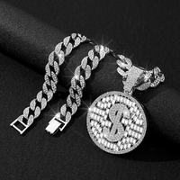 Colgante de dólar $ de cristal ostentoso con gargantilla de cadena de eslabones cubanos de aleación de 1533 de ancho para hombres