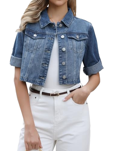 Veste en jean courte sur mesure pour femme, à manches longues, boutonnée, unie, respirante, vente en gros - Product Image 3