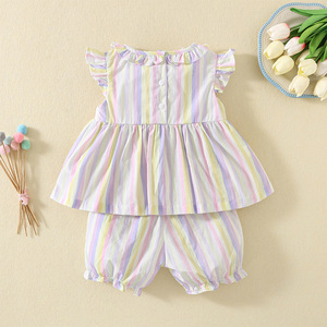 Nuovo Stile Estivo <span class=keywords><strong>Set</strong></span> Smock per Bambine, Completo Due Pezzi in Cotone con Top e Pantaloncini, <span class=keywords><strong>Set</strong></span> <span class=keywords><strong>Compleanno</strong></span> a Righe Viola - Product Image 3