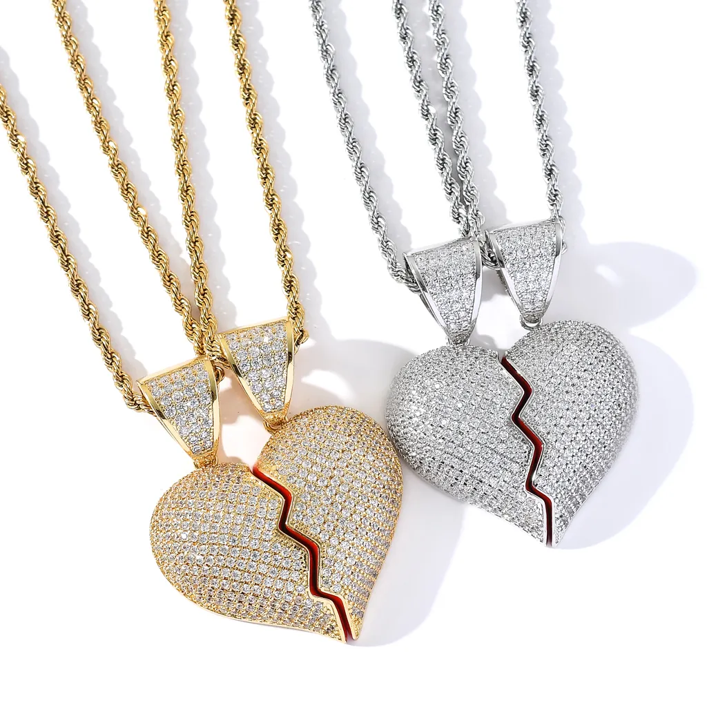 2023 Hot Sale Hip Hop Pendant Silver Gold Plated Micro Diamond Iced Out Broken Heart Couple Magnetic Necklace For Him And Her