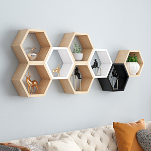 Vente chaude affichage moderne hexagone bois nid d'abeille ornement modulaire flottant coloré en bois massif étagère murale étagère de rangement - Product Image 4