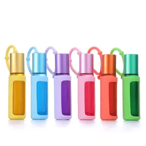 Silicone holder 6colors essential oil roll on tube cosmetic packaging 10ml amber rose gold roller glass perfume bottle