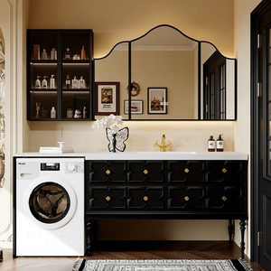 Mueble de Baño Integrado de Estilo Francés de Alta Gama, Retro, para Balcón, de Roble y Piedra Sinterizada, con Lavadora Integrada, Combinación de <span class=keywords><strong>Inodoro</strong></span> y Encimera de Piedra - Product Image 1