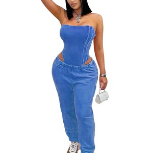 FS16919D Women Summer Two Pieces Sweatpants Set With <strong>Strapless</strong> Tube <strong>Bodysuits</strong> - Product Image 2
