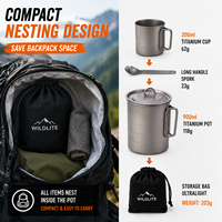 Ensemble de cuisine en titane en gros : Marmite 900 ml, Tasse 300 ml, Cuillère à long manche – Kit de cuisson pour le camping – Personnalisation de marque disponible