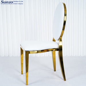 Silla de Lujo Estilo Luis con <span class=keywords><strong>Asiento</strong></span> de PU Blanco para Eventos de Boda, Silla de Comedor con Respaldo Ovalado de Acero Inoxidable Dorado para Banquetes de Hotel - Product Image 4