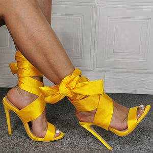 Sandales pour femme en satin jaune à bride croisée, talon fin, à lacets, bout ouvert, couleur unie, chaussures habillées d'été, grande taille 47 - Product Image 4