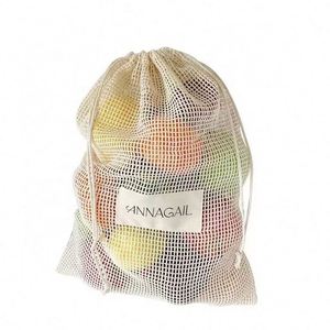 Bolsa de Compras Personalizada, Reciclable, de Malla de Algodón Orgánico, con Cordón, Diseño de Cuadrícula, para Guardar Verduras y Comprar Alimentos, Blanca - Product Image 1