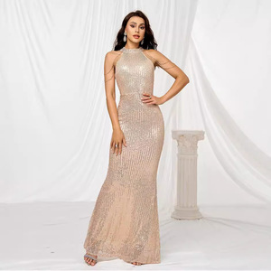 Halter Neck <b>Sequined</b> Bodycon Evening Gown Gold And Wine <b>Red</b> Solid Color Polyester Fiber Mid Waist Formal Dress - Product Image 1