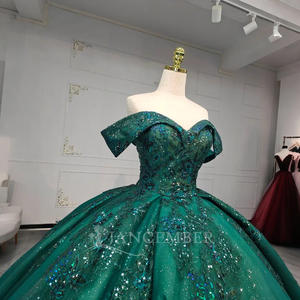 Para ANY06 brillante verde oscuro hombro rebordear apliques cristal hasta el suelo vestido de fiesta Natural vestido de fiesta de noche para 15 - Product Image 4