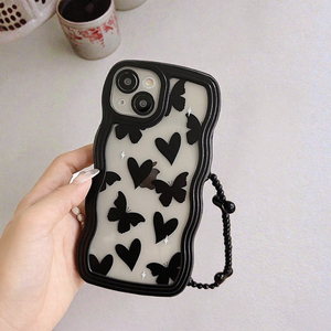 Coque de téléphone antichoc en TPU transparente de luxe avec sangle, motif cœur noir et bords incurvés - Product Image 2