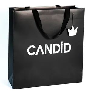 Custom Private Brand Logo Luxury Black Paper Shopping Gift Bag Paperbag For Clothing
