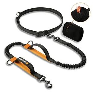 Hands Free Dog Lead for Running, Adjustable Dog Walking Belt with Zipped Double Pouch & Poop Bag Holder