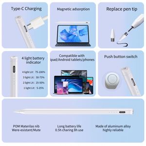 Botón pulsador universal con atracción magnética y punta reemplazable para iPad Pencil, compatible con pantallas táctiles iOS/Android, de aluminio. - Product Image 5