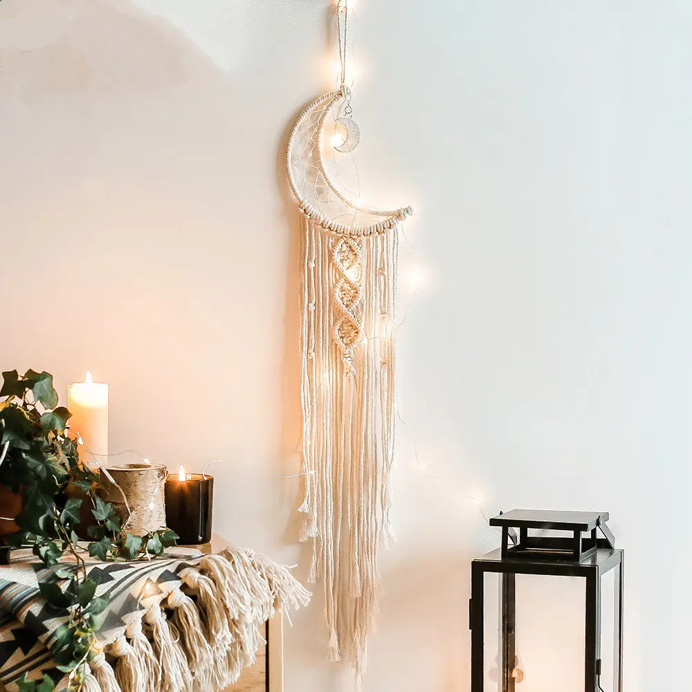 Hot sale European style Fashion handmade Boho home decoration cotton tassel moon shape macrame wall hanging dream catcher