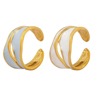 18K PVD Gold Plated Stainless Steel Blue White Enamel <b>Open</b> <b>Ring</b> | Unique Irregular Oil Drop Design | Trendy Jewelry for Women - Product Image 1