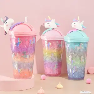 ユニコーンかわいいマグカップふた付きレインボー二重壁プラスチックウォーターストロータイプサマータンブラーマグフードコンタクトセーフカップクリスマスギフト