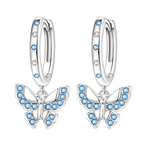 White brass butterfly <b>earrings</b>, set with blue crystal rhinestones, <b>cute</b> and fashionable pendant <b>earrings</b> for women, jewelry gift - Product Image 6