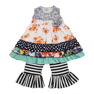 Conjunto de roupa infantil de festa, kit de roupas infantis casuais sem mangas com estampa floral, saia plissada com três camadas, calças listradas