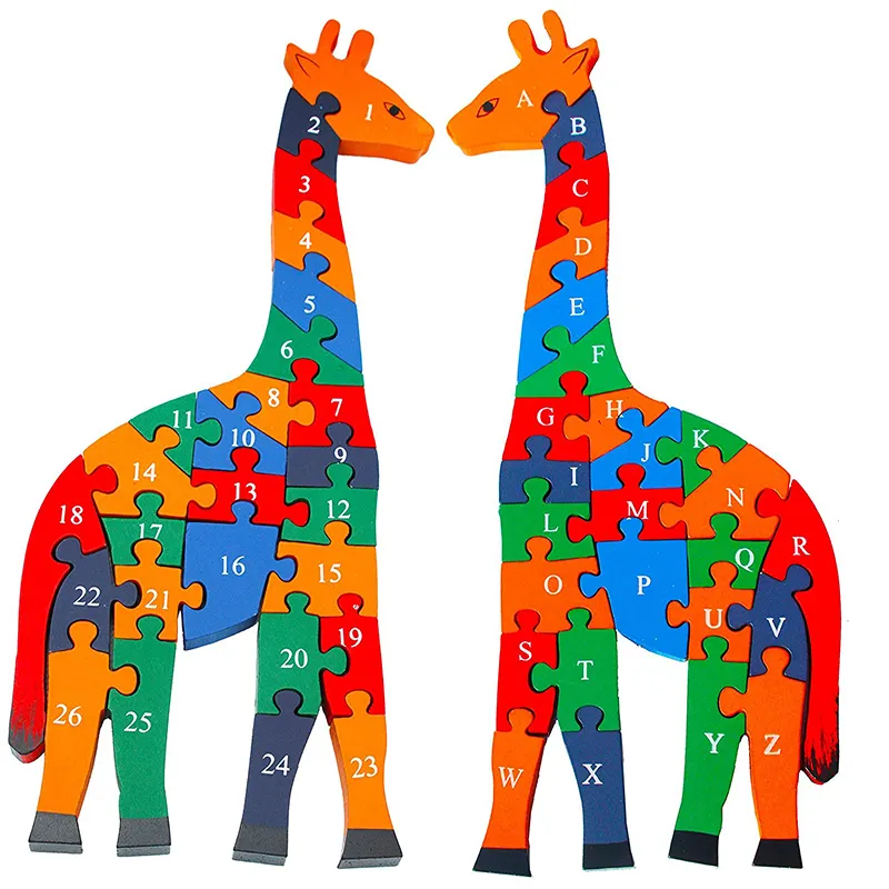 Children cartoon wooden animal giraffe puzzle board children's early education Pinyin puzzle number English alphabet puzzle