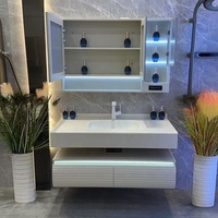 Ensemble de meuble-lavabo mural en céramique avec miroir LED en acier inoxydable pour salle de bain, idéal pour hôtels et usage familial