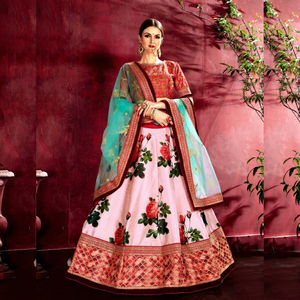 Pink <b>Rose</b> Floral Print Knee Length Lehenga Choli Set Chiffon Net Dupatta Bollywood Wedding Outfit Festive Women Wear - Product Image 1