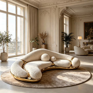 Divano Curvo in Bouclé Crema con Telaio in Fibra di Vetro Color Oro per Spazi Abitativi Moderni - Product Image 5